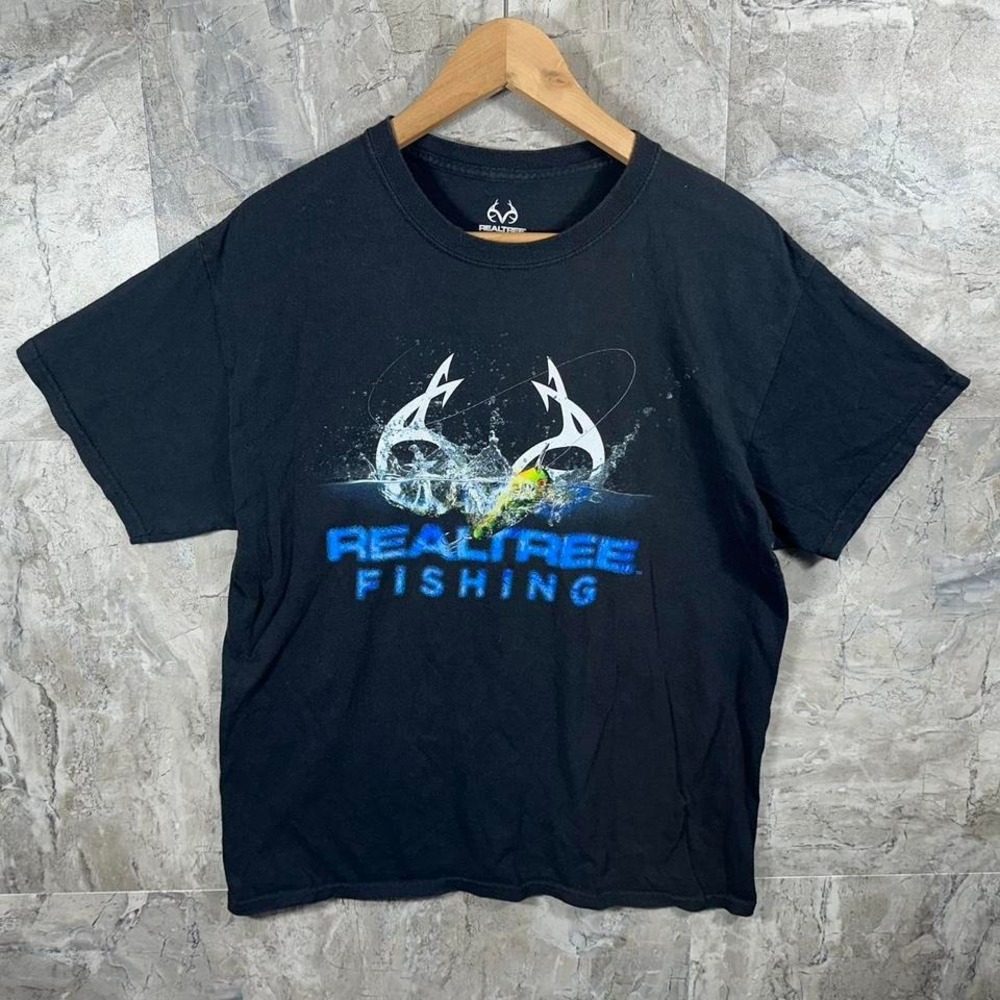 Realtree Fishing Shirt Mens Large Black Short Sleeve Graphic Print Outdoors
